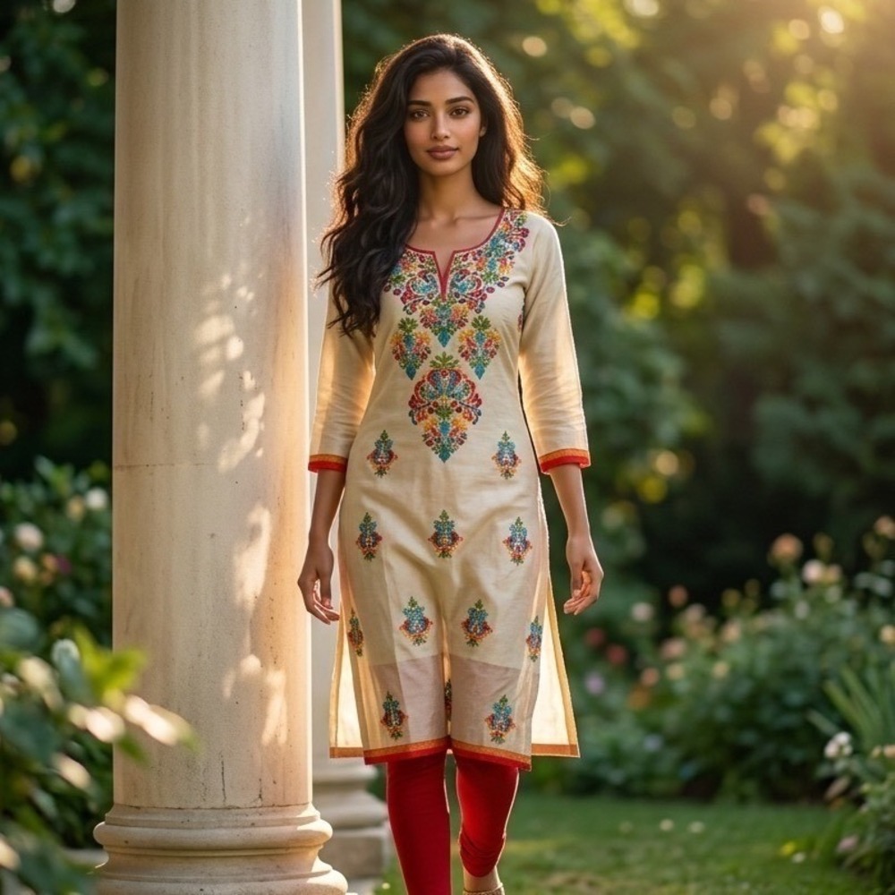Women Cream Embroidered Kurta Tunic 3/4 Sleeve Floral Traditional Indian Dress